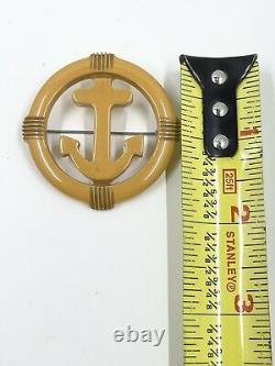 Vintage Carved Butterscotch Bakelite Anchor In Circle Nautical Pin Brooch Yellow