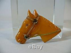 Vintage Carved Butterscotch Bakelite Catalin Horse Animal Brooch Glass Eye Pin