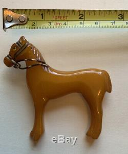 Vintage Carved Butterscotch Bakelite Catalin Horse Brooch Glass Eye Large Pin
