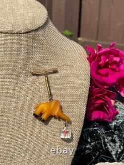 Vintage Carved Butterscotch Bakelite Figural Elephant Pin / Dangling Brooch