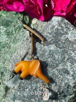 Vintage Carved Butterscotch Bakelite Figural Elephant Pin / Dangling Brooch