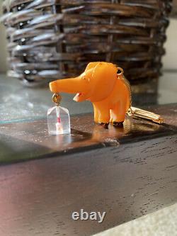 Vintage Carved Butterscotch Bakelite Figural Elephant Pin Dangling Brooch NOS