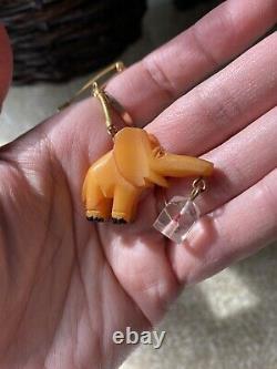 Vintage Carved Butterscotch Bakelite Figural Elephant Pin Dangling Brooch NOS