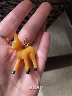 Vintage Carved Butterscotch Bakelite Figural Pin Dangling Brooch Bambi Deer