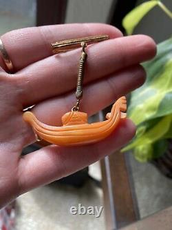Vintage Carved Butterscotch Bakelite Figural Pin Dangling Brooch NOS Gondola