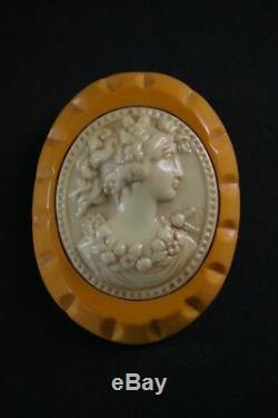 Vintage Carved Butterscotch Bakelite/celluloid Cameo Pin Brooch Large