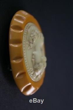 Vintage Carved Butterscotch Bakelite/celluloid Cameo Pin Brooch Large
