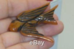 Vintage Carved Caramel Butterscotch Bakelite Bird In Flight Pin Brooch