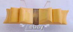 Vintage Carved Creamed Corn Bakelite Bar Pin Brooch 3-D Layered Bow with Brass