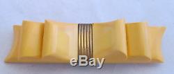 Vintage Carved Creamed Corn Bakelite Bar Pin Brooch 3-D Layered Bow with Brass