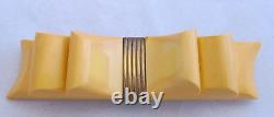 Vintage Carved Creamed Corn Bakelite Bar Pin Brooch 3-D Layered Bow with Brass