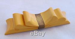 Vintage Carved Creamed Corn Bakelite Bar Pin Brooch 3-D Layered Bow with Brass