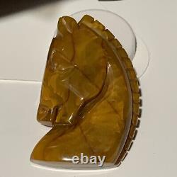 Vintage Carved End Of Day Bakelite Book Piece Horse Head Brooch Pin Chess Knight