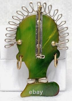 Vintage Carved Green Bakelite African Princess Exotic Woman Brooch Pin