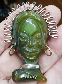 Vintage Carved Green Bakelite African Princess Exotic Woman Brooch Pin