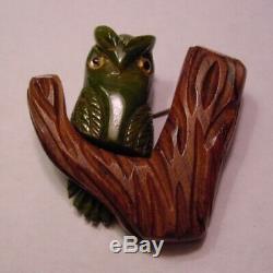 Vintage Carved Green Bakelite OWL in Carved Wooden Tree Brooch Pin WoW