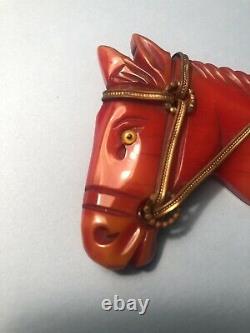 Vintage Carved Horse Head Bakelite with Bridle Brooch Pin