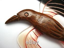 Vintage Carved Lucite & Wood Bird Pin Brooch Large Figural Unique