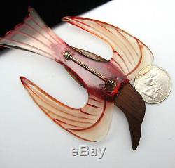 Vintage Carved Lucite & Wood Bird Pin Brooch Large Figural Unique