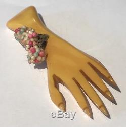 Vintage Carved Marbled Cream Corn Bakelite Hand With Corsage Pin Brooch