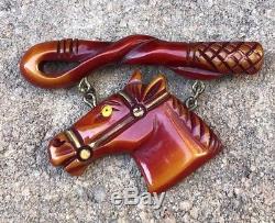 Vintage Carved Overdyed Bakelite Riding Crop & Horse Head Figural Pin Brooch