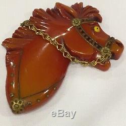 Vintage Carved Overdyed Red Butterscotch Bakelite Horse Pin Brooch 3 Glass Eye