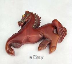 Vintage Carved RED Bakelite Equestrian Horse Brass Rivets Glass Eye Brooch Pin