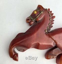 Vintage Carved RED Bakelite Equestrian Horse Brass Rivets Glass Eye Brooch Pin