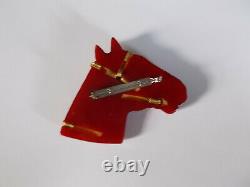 Vintage Carved Red Orange Brown Bakelite Handsome Horse Head Pin Brooch