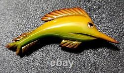 Vintage Carved & Reverse Antique Pin Bakelite Swordfish Fish Brooch Animal Wood