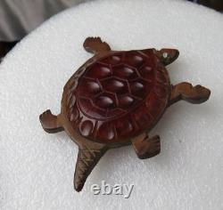 Vintage Carved Wood & Bakelite Turtle Brooch / Pin