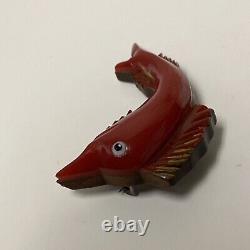 Vintage Carved Wood Red Bakelite Marlin Fish Sailfish Pin Brooch
