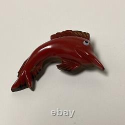 Vintage Carved Wood Red Bakelite Marlin Fish Sailfish Pin Brooch