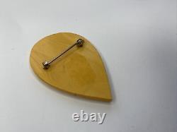Vintage Carved Yellow BAKELITE 1930s Fan Teardrop Art Deco Brooch Pin 5.5cm Deco