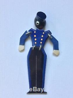 Vintage Celluloid Bakelite Articulated Blue Bell Hop Figural Costume Pin Brooch