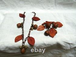 Vintage Celluloid Bakelite Leaves Hazelnuts Pin and Necklace Set