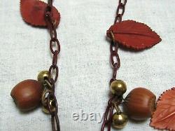 Vintage Celluloid Bakelite Leaves Hazelnuts Pin and Necklace Set