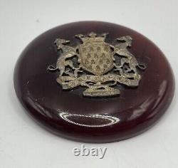 Vintage Cherry BAKELITE Bretagne A Ma Vie French Coat of Arms Brooch Pin Art Dec