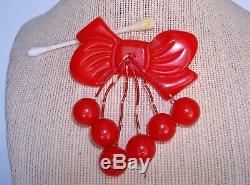 Vintage Cherry RED Bow Tested BAKELITE Brooch Pin