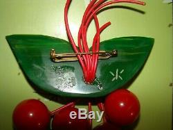 Vintage Cherry Red BAKELITE Carved Dangling Cherries Green Leaf Brooch Pin