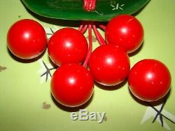 Vintage Cherry Red BAKELITE Carved Dangling Cherries Green Leaf Brooch Pin