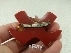 Vintage Cherry Red Bakelite Horse Head and Cowboy Boots Brooch Pin with Brass