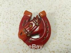 Vintage Cherry Red Bakelite Horseshoe and Horse Head Pin