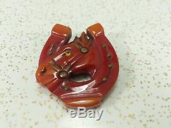 Vintage Cherry Red Bakelite Horseshoe and Horse Head Pin