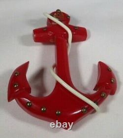 Vintage Cherry Red Carved Bakelite Anchor Pin with metal Studs