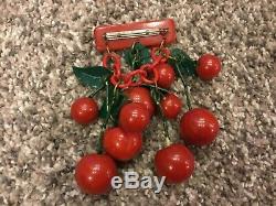 Vintage Cherry Red Carved Cherries Bakelite Pin/ Brooch with dangling