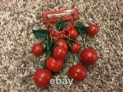 Vintage Cherry Red Carved Cherries Bakelite Pin/ Brooch with dangling \uD83C\uDF52