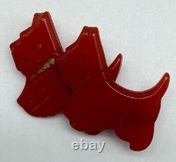 Vintage Cherry Red Carved Double Scotty Dog Bakelite Brooch Pin Jewelry