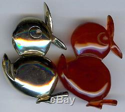 Vintage Clad & Translucent Red Bakelite Cutest Quacking Baby Ducks Pin Brooch