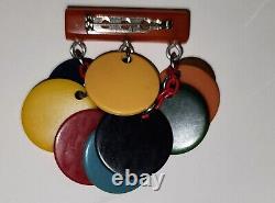 Vintage Colorful Bakelite Circle Disc Dangle Brooch / Pin